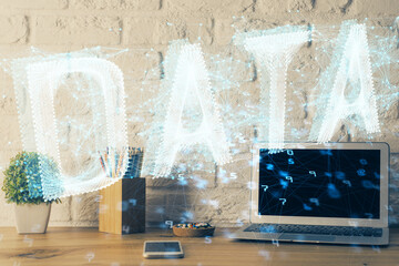 Double exposure of desktop with personal computer on background and tech theme drawing. Concept of data analysis.