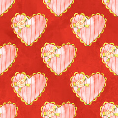 Red romantic seamless pattern with heart. Hand painted watercolor stock illustration. Perfect for birthday, valentine, wedding invitations cards.