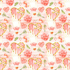 Red romantic seamless pattern with heart. Hand painted watercolor stock illustration. Perfect for birthday, valentine, wedding invitations cards.