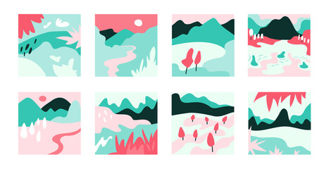 Eight hand drawn trendy Vector illustrations. Mountain, river view. Hills, clouds, sun, moon. Paper cut style. Flat abstract design. Scandinavian style illustration.  Cool Backgrounds