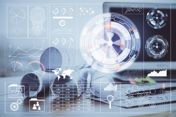 Technology theme drawing and table with computer. Double exposure. Concept of information.