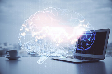 Multi exposure of work space with computer and human brain hologram. Brainstorm concept.