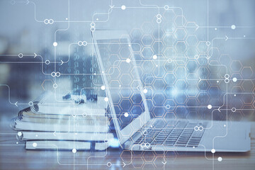 Double exposure of computer and technology theme hud. Concept of innovation.