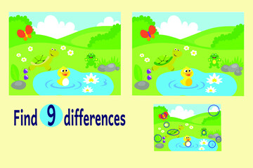 Find differences between two images. Educational game for children. Cartoon image illustraton. Cute funny animals and nature