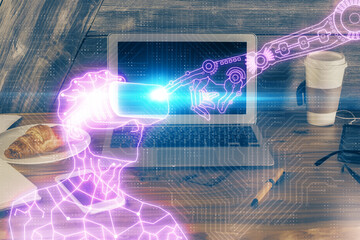 Computer on desktop with AR theme icon. Multi exposure. Concept of augmented reality.