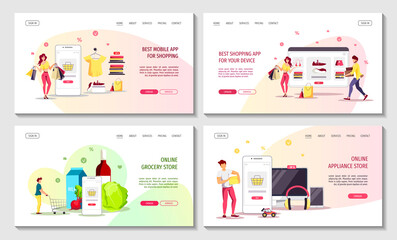 Obraz na płótnie Canvas Set of web pages for Appliance, grocery and clothing store, Online shopping, Home delivery, Mobile marketing, E-commerce. Vector illustrations for poster, banner, flyer, commercial.