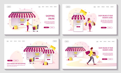 People with purchases and devices with striped awnings on the background. Set of web pages for E-commerce, Mobile app, Marketing, Online Shopping, Store. Vector illustrations.