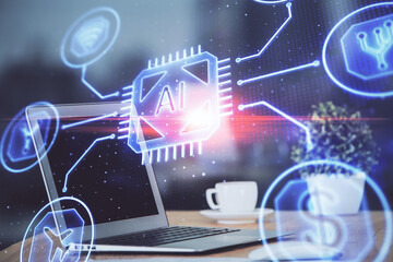 Technology theme drawing and table with computer. Multi exposure. Concept of information.