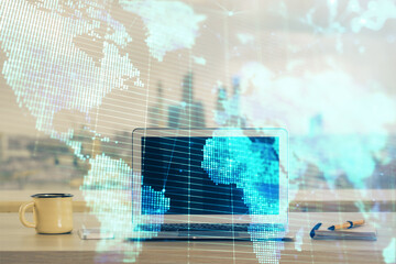 Multi exposure of business theme icons and table with computer background. Concept of success.
