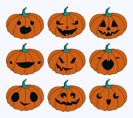 Halloween pumpkins facial emotions set of stickers. Сartoon style vector illustration.
