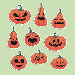 Halloween pumpkins facial emotions set of stickers. Сartoon style vector illustration.
