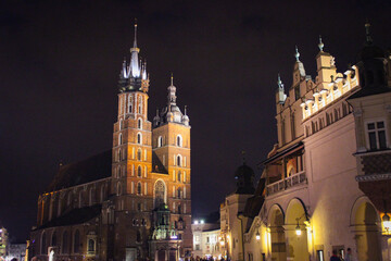 Fototapeta na wymiar Krakow, Poland - July 03, 2016: View Of The Main Square And Krakow Cloth Hall In The Night
