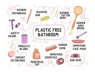 Plastic-free bathroom and body care. Zero waste life cute vector cartoon illustration.
