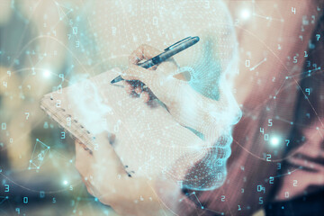 Fototapeta na wymiar Multi exposure of woman's writing hand on background with brain hologram. Concept of brainstorming.