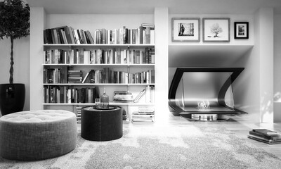 Apartment with Bioethanol Fireplace - black and white 3d visualization