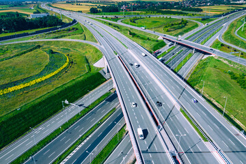 Highway Aerial View. Overpass and bridge. from above. Gliwice, Silesia, Poland. Transportation...