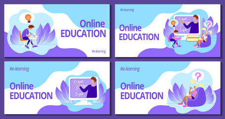 Banner for web page template set. Gorizontal header for website. Online education and e-learning. Teacher on a computer screen and students at an online lecture. Stock vector flat illustration.