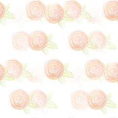 Seamless pattern with loose elegant color pencil roses on white background