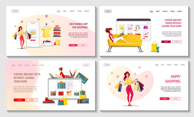 Fototapeta na wymiar Set of web pages with online female shopping. Clothing store, E-shop, Mobile marketing, E-commerce concept. Vector illustration for poster, banner, website, commercial.