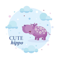 Cute hippo. Vector cartoon character. Emblem. Cute hippo on a background of the sky with clouds.