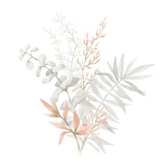 Fototapeta na wymiar Watercolor composition with plants and leaves in pastel pink color. Aesthetic gently bouquet in boho style with palm leaf, eucalyptus, foliage, nature element. Illustration for wedding, business card.