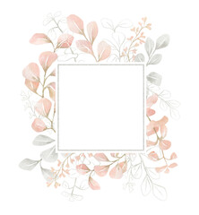 Watercolor frame with plants and leaves in pastel pink color. Aesthetic gently wreath in boho style with palm leaf, eucalyptus, foliage, nature element. Illustration for wedding, business card.