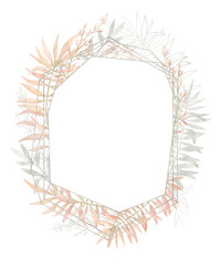 Watercolor frame with plants and leaves in pastel pink color. Aesthetic gently wreath in boho style with palm leaf, eucalyptus, foliage, nature element. Illustration for wedding, business card.