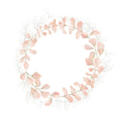 Watercolor frame with plants and leaves in pastel pink color. Aesthetic gently wreath in boho style with palm leaf, eucalyptus, foliage, nature element. Illustration for wedding, business card.