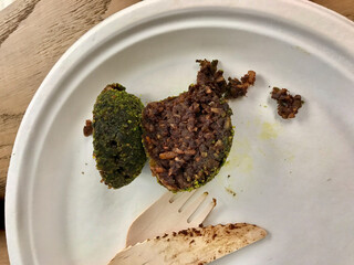 Raw Vegan Balls with Wooden Fork and Knife in Plastic Plate / Healthy Organic Vegetarian Bites.