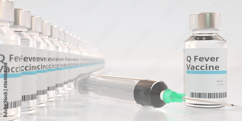 Poster glass vials with q fever vaccine and a syringe. 3d rendering
