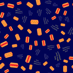 Seamless pattern on a blue background. 
National Hot Dog Day. Vector illustration, modern concept for your design.