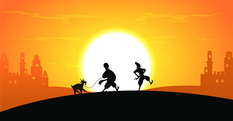 Fototapeta na wymiar vector illustration of traditional characters walking to celebrate Novruz holiday at the sunset