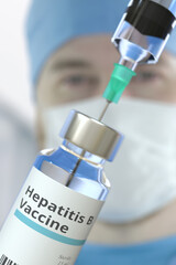 Vial with hepatitis B vaccine and syringe against blurred doctor's face. 3D rendering