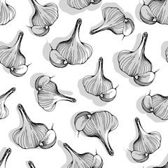seamless pattern of garlic on a white background.A simple pattern of garlic.Hand drawn vector illustration