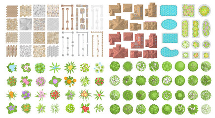 Set of landscape elements. Houses, architectural elements, plants. Top view. Pavement, fence, houses, swimming pools, trees and flowers. View from above. 