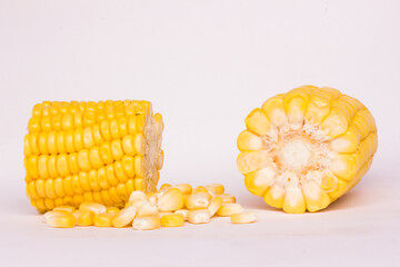 pieces of yellow corn, isolated corn, viewed from the side