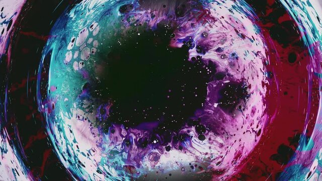 Ink water swirl. Fantasy galaxy. Pink teal blue red paint droplets blend in black circle frame motion on white.