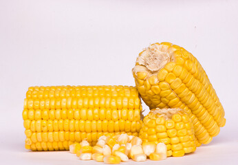 pieces of yellow corn, isolated corn, viewed from the side