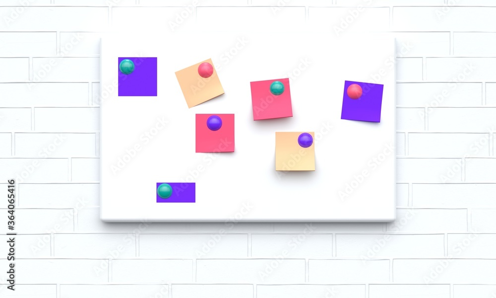 Poster mock up note board with magnets and colored paper on a white brick wall. front view. 3d rendering