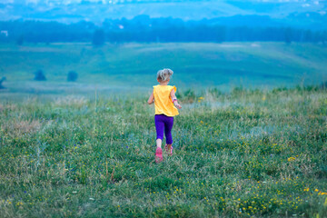 Naklejka na ściany i meble Children run across the field in summer among wildflowers, a sense of freedom, a happy childhood surrounded by nature, hiking, family holidays in the country