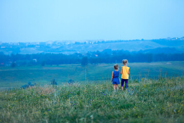 Fototapeta na wymiar Two children in the summer stand in a field on a hill and look into the distance. Future vision concept. Walks in the open air. Family, little sisters walk and play together
