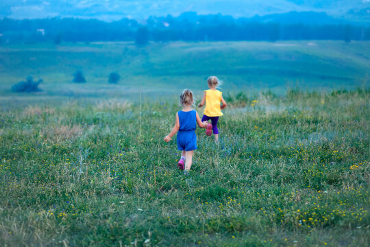 Children run across the field in summer among wildflowers, a sense of freedom, a happy childhood surrounded by nature, hiking, family holidays in the country