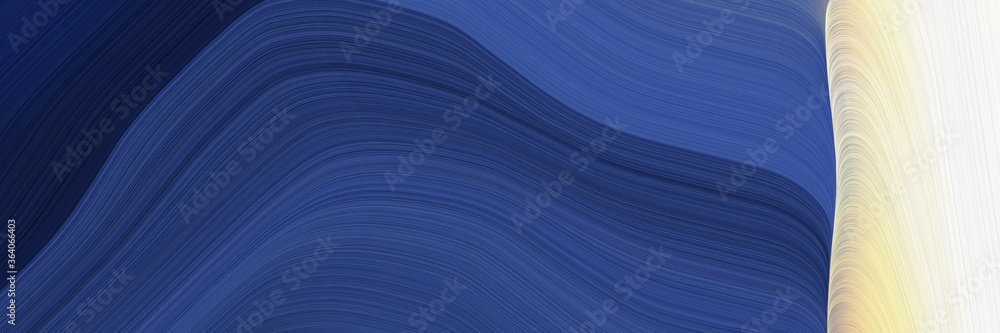 Poster abstract flowing designed horizontal header with dark slate blue, antique white and very dark blue colors. fluid curved lines with dynamic flowing waves and curves for poster or canvas