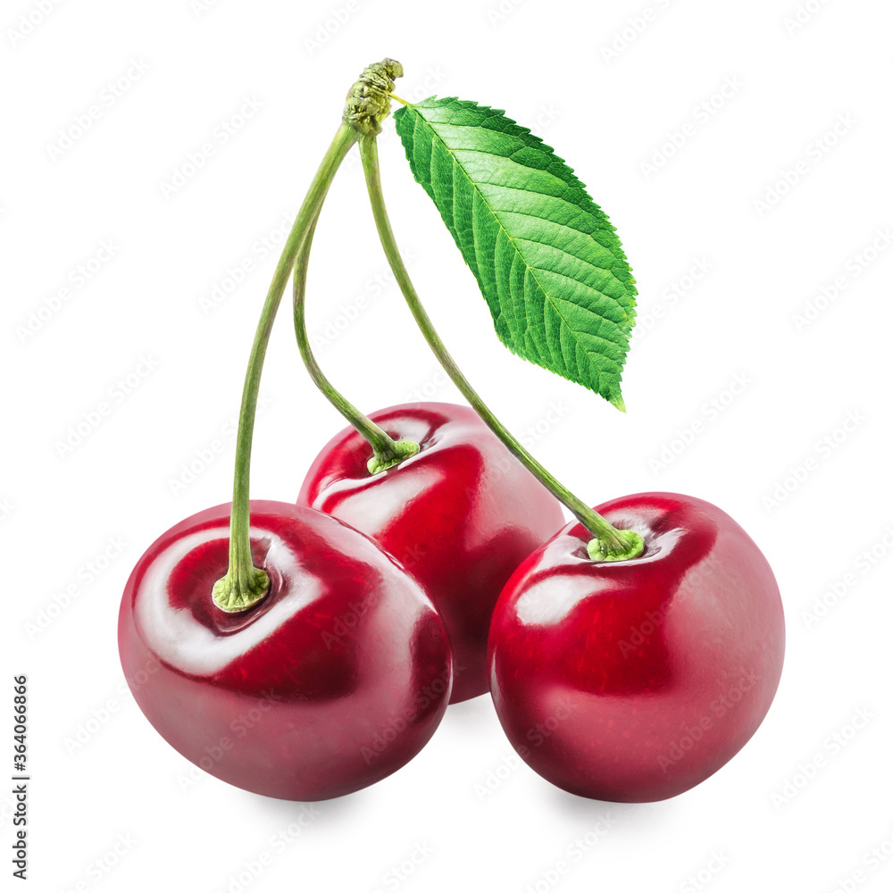 Wall mural Three sour cherry berries with green stem and leaf isolated on white background. Full depth of field