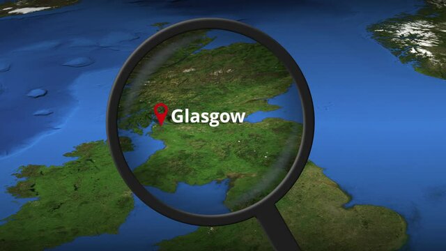 Glasgow city being found on the map, 3d rendering
