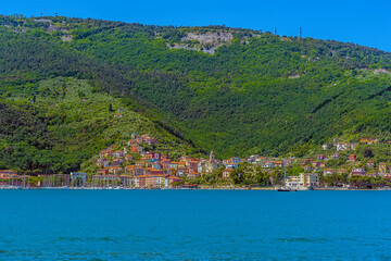 Obraz premium A panorama view towards Fezzano bordering La Spezia, Italy in the summertime