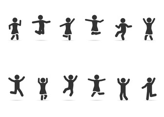Vector set of people happy, joyful, jumping, dancing, fun, celebrating, successful.