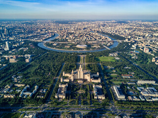 An aerial view taken with a drone shows Moscow State University and Luzhniki stadium