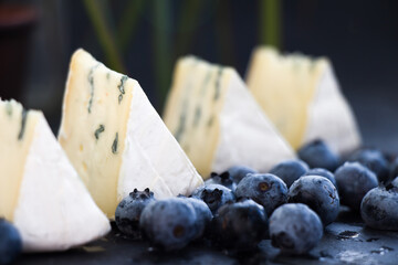 Bavarian Blue Cheese - German blue cheese with blueberries. selective focus. soft cheese with blueberries.