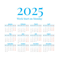 2025 Classic calendar. Week days start on Monday